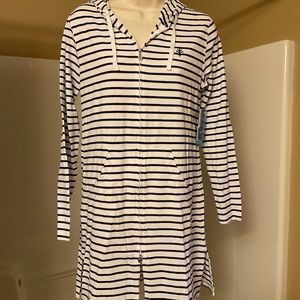 XS Coolibar Cabana Hoodie Cover Up Navy Blue White strips NWT UPF 50+